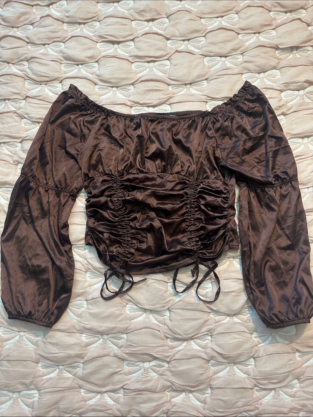 Almost Famous Dark Brown Off-Shoulder Ruched Satin Crop Top